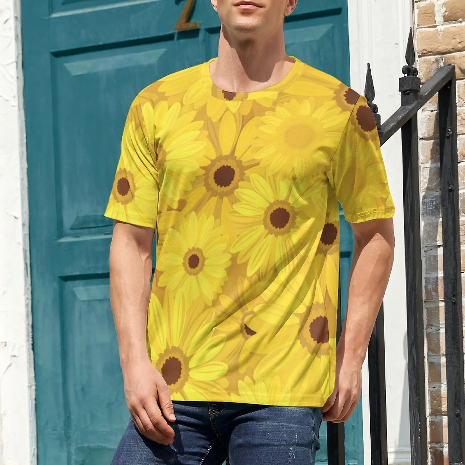 Big Size T-Shirt Beach Sunflower Print T Shirts Yellow Gerbera Flowers Aesthetic O Neck Tee Shirt Men Popular Design Tops