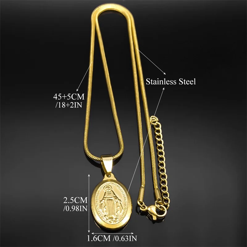 Catholic Virgin Mary Necklace Women Gold Color Religious Faith God Stainless Steel Oval Pendant Exquisite Jewelry Gifts ZZZ443-6