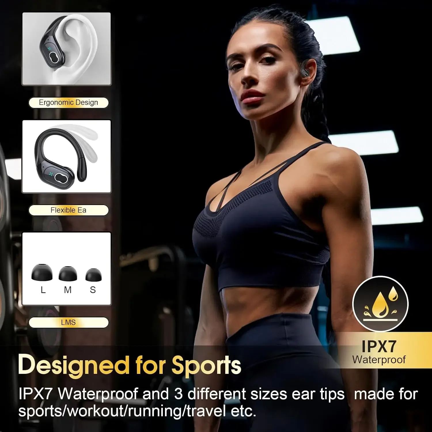 Auricolari Bluetooth sportivi Cuffie wireless impermeabili IPX7 75 ore di musica con microfono Display di alimentazione a LED Auricolari TWS con gancio morbido
