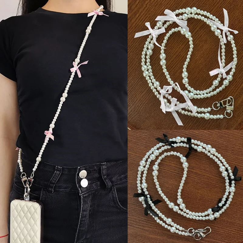 Universal Anti-lost Phone Lanyard Patch Gasket Long Crossbody Pearl Bow Mobile Phone Chain Women's Long Neck And Shoulder Strap