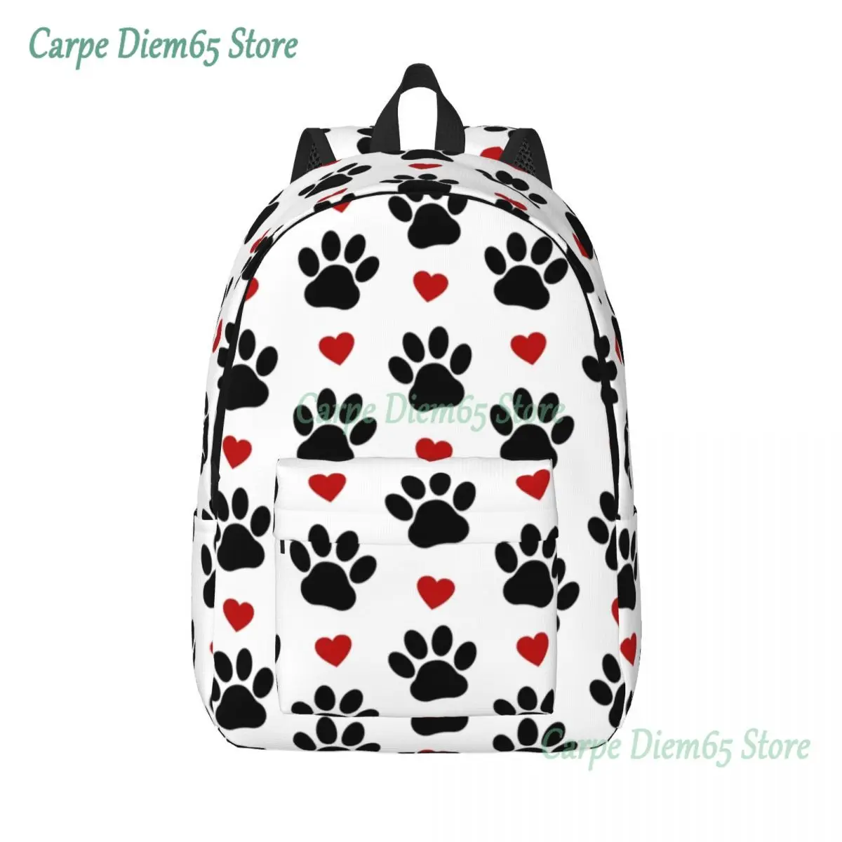 

Customized Pattern Of Dog Paw Canvas Backpack Women Men Basic Bookbag for College School Black Paws Red Hearts Bags