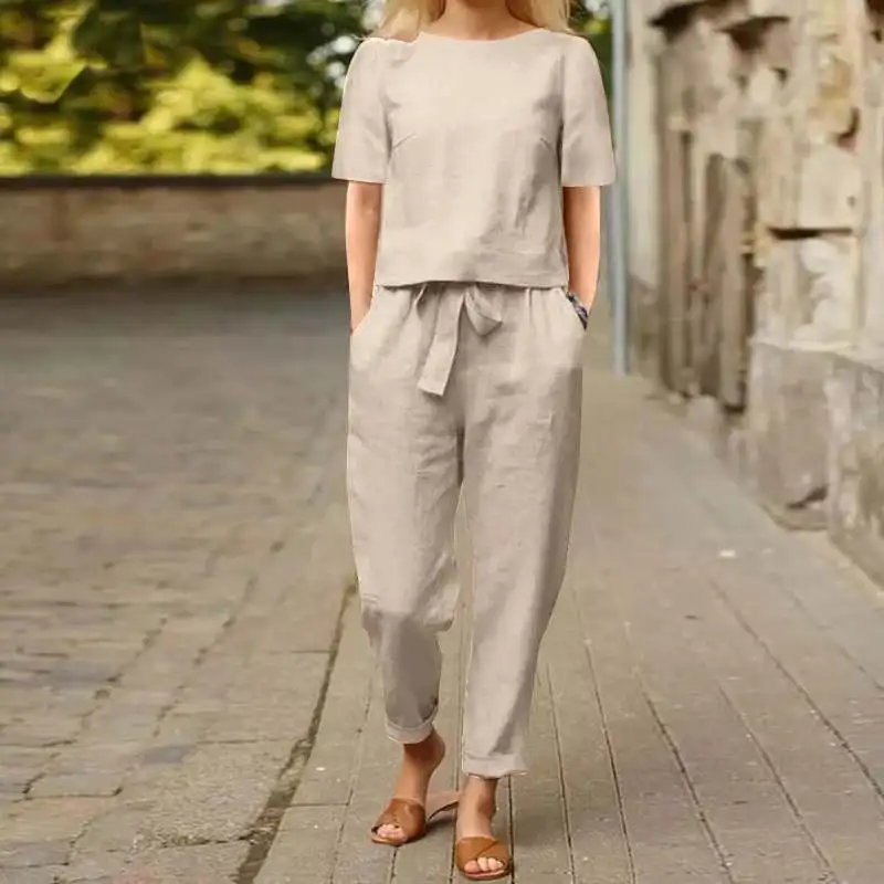 Women\'s Cotton Linen Suit Summer Matching Suit Half-sleeved Round Neck Tie Elastic Waist Trousers Wide-leg Pants Retro Suit