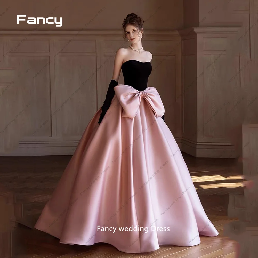 

Fancy Pink Evening Dresses A-line Strapless Black Gloves Bow Silk Ribbon Elegant Formal Party Prom Princess Quinceanera Gowns