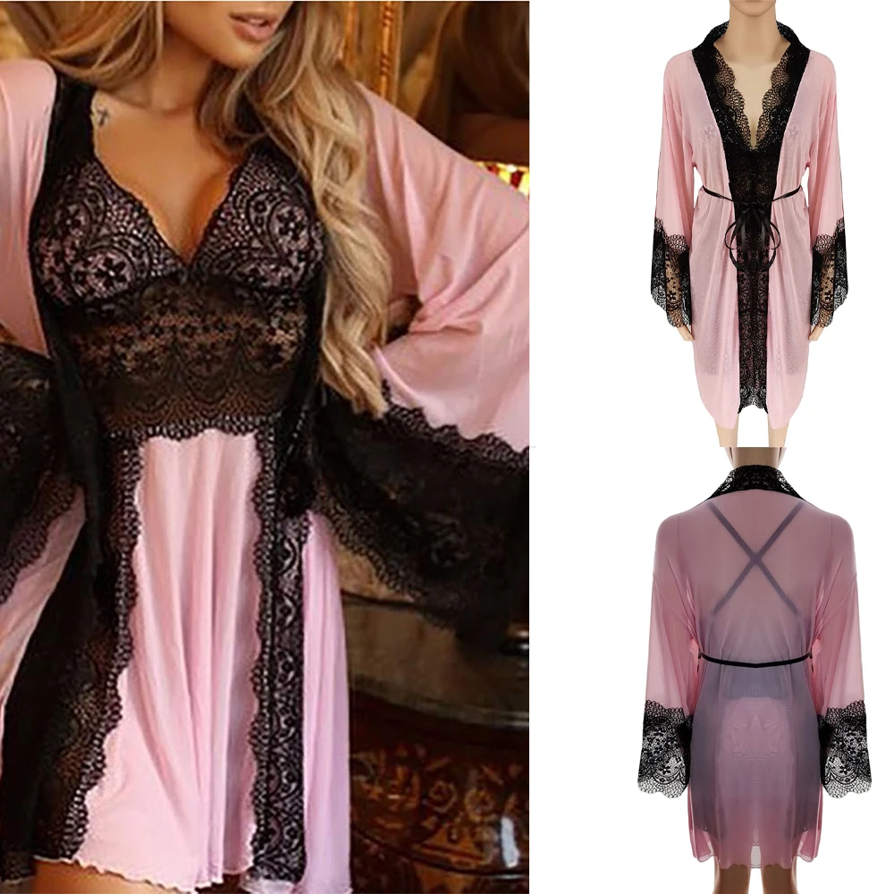 Peignoir rose Sexy pour femmes, manches longues, dentelle, deux pièces, pyjama, vêtements de nuit, de luxe