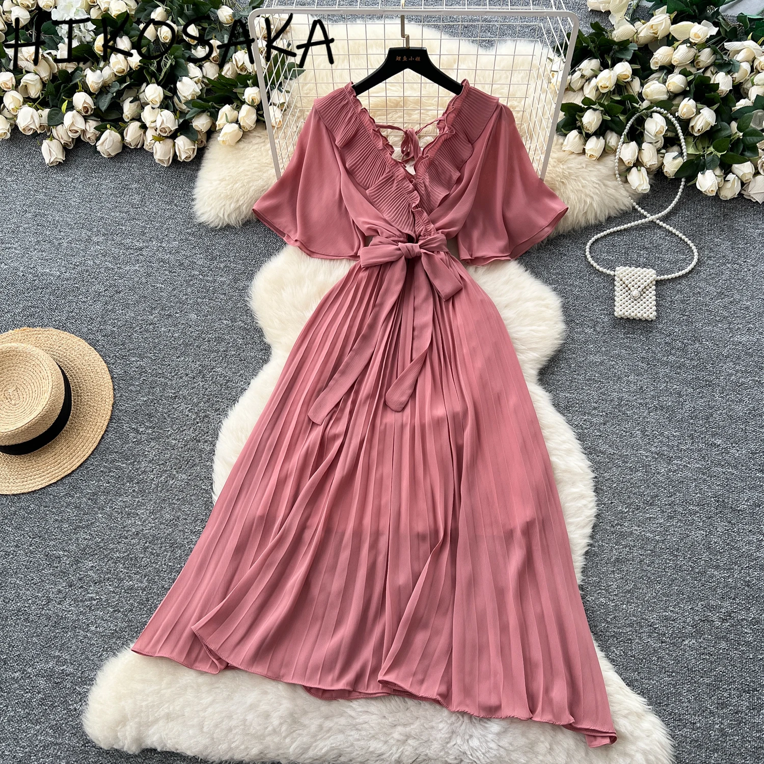 

French Style Chic Ruffles V-neck Backless Lace Up Dress Flare Sleeve Slim Waist A-line Pleated Robe Elegant Temperament Vestidos