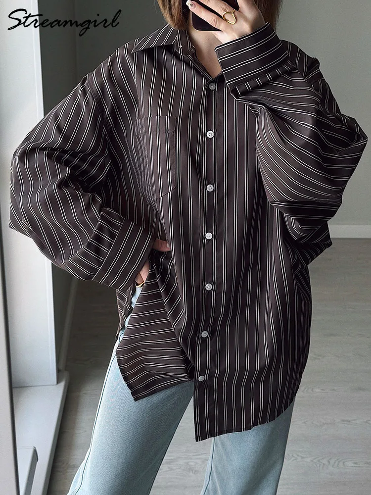 

Loose Striped Shirts Women Brown Long Sleeve Batwing Shirt Office Wear Woman Oversized Blouses For Woman Elegant Blue Shirts