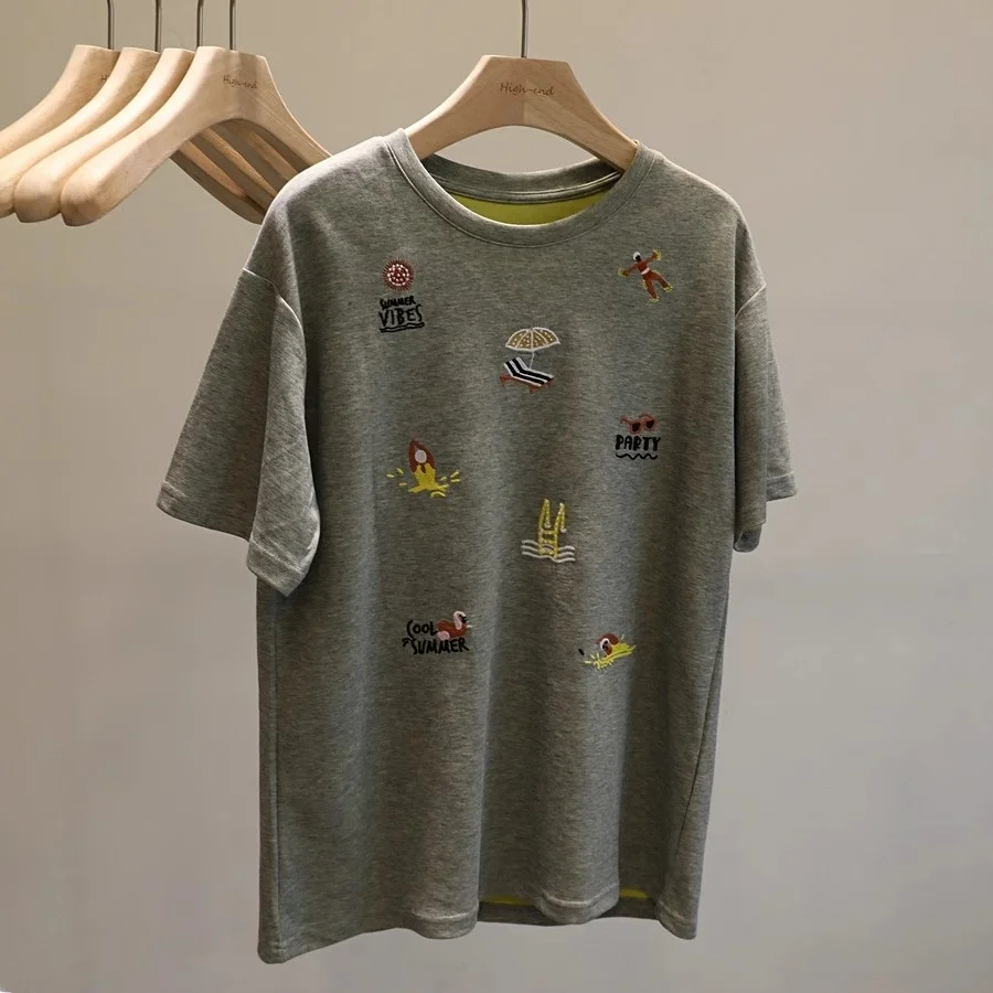 

Pure Cotton Short Sleeve T-Shirt Men's Loose Fit Embroidered Dog Stripe Breathable Comfortable round Neck Casual Top