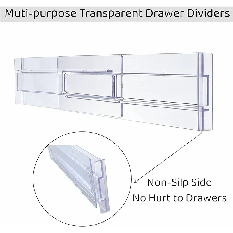 Separadores de cajones para cocina, organizadores ajustables de 8cm de alto, expandible de 27,5 a 52cm, de plástico transparente, 1 piezas