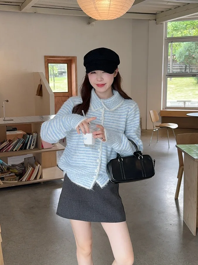 

Женский вязаный свитер-кардиган больших размеров в полоску с цветовыми блоками, воротником-стойкой, для осени и зимы, стройнящий, модный, для повседневной носки