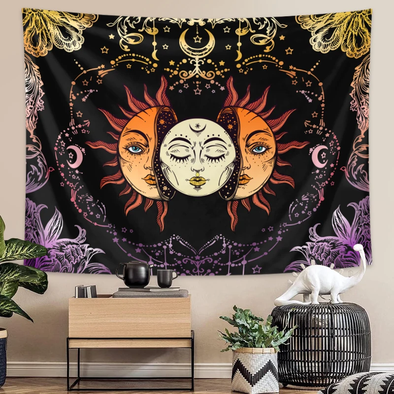 1pc Sun, moon, hippie style tapestry, colorful lunar phase tapestry, Bohemian decorative wall hanging for bedroom decoration