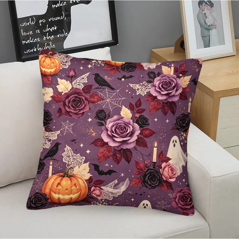 1Pc 45x45cm Polyester Halloween Throw Pillow,Skin-Friendly,floral pattern with roses, jack-o'-lanterns ghosts crows bats Print