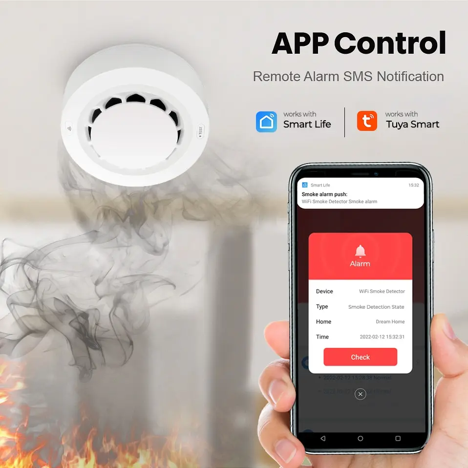 TY013 Smart Home Security Alarms Tuya App Connected WiFi Smoke Alarm Detector