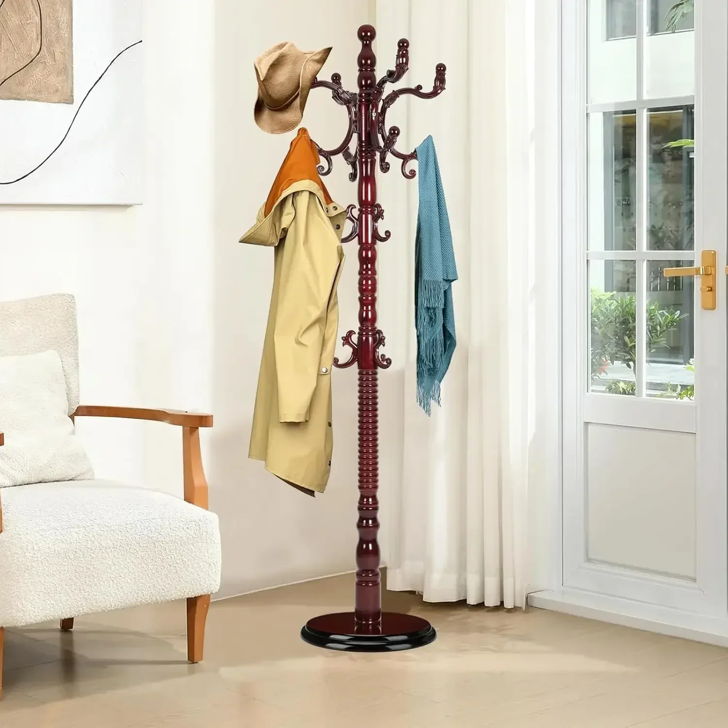 Coat Rack Freestanding, Natural Coats Tree Stand with 14 Hooks, 73