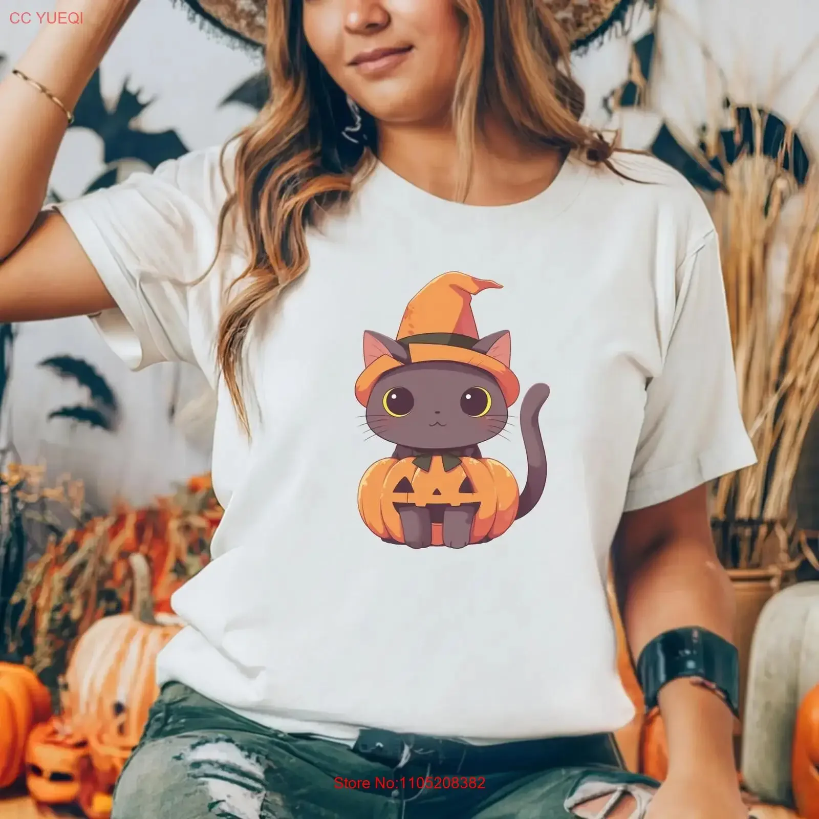 

Футболка на Хэллоуин для подруги, наряд с милым котом и тыквой, винтажная стираная дизайнерская одежда, универсальная модная уличная одежда унисекс