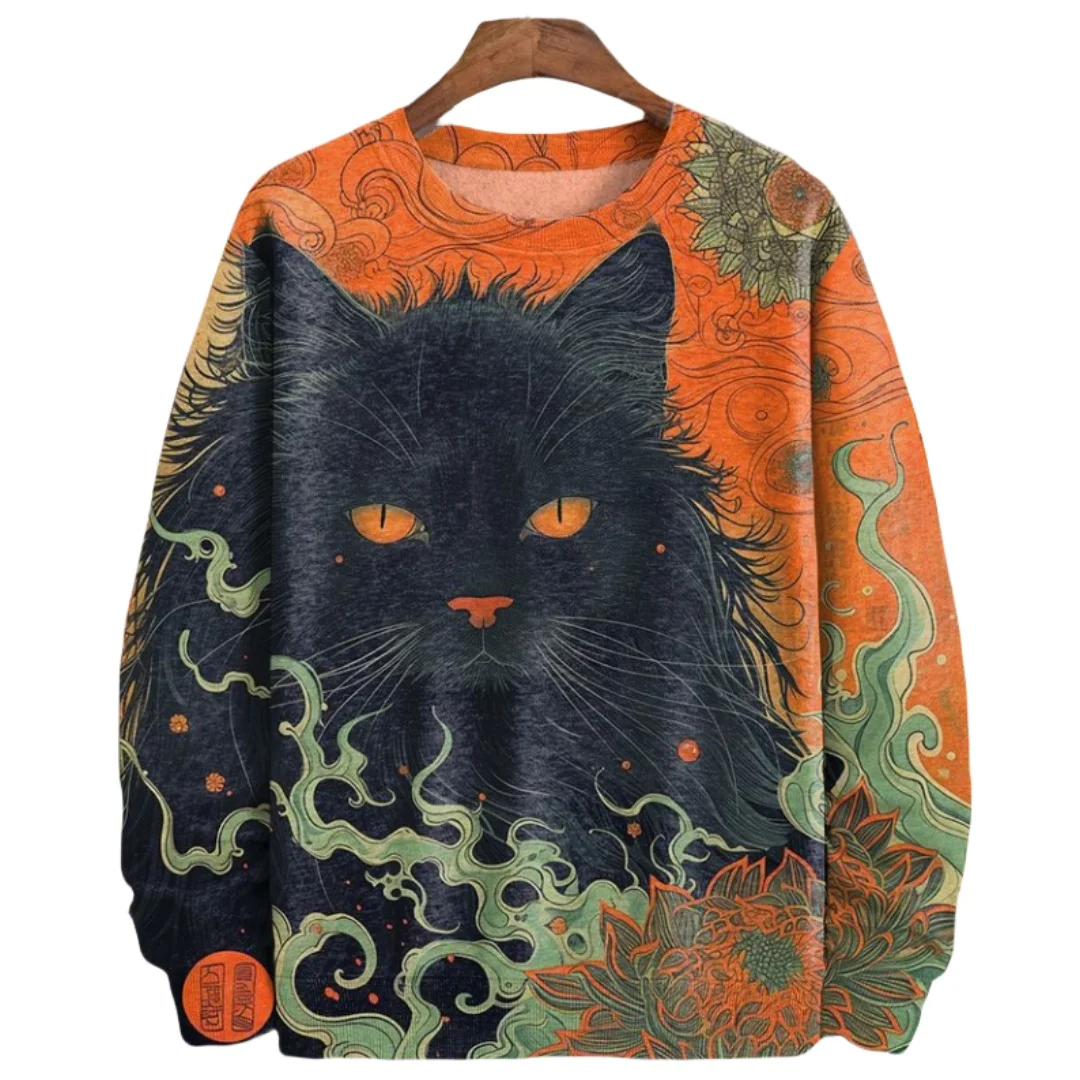 Japanese Samurai Cat Print Men\'s Sweatshirts Cotton Round Neck Long Sleeve Loose Pullover Autumn Oversized Men Clothing Tops 5XL