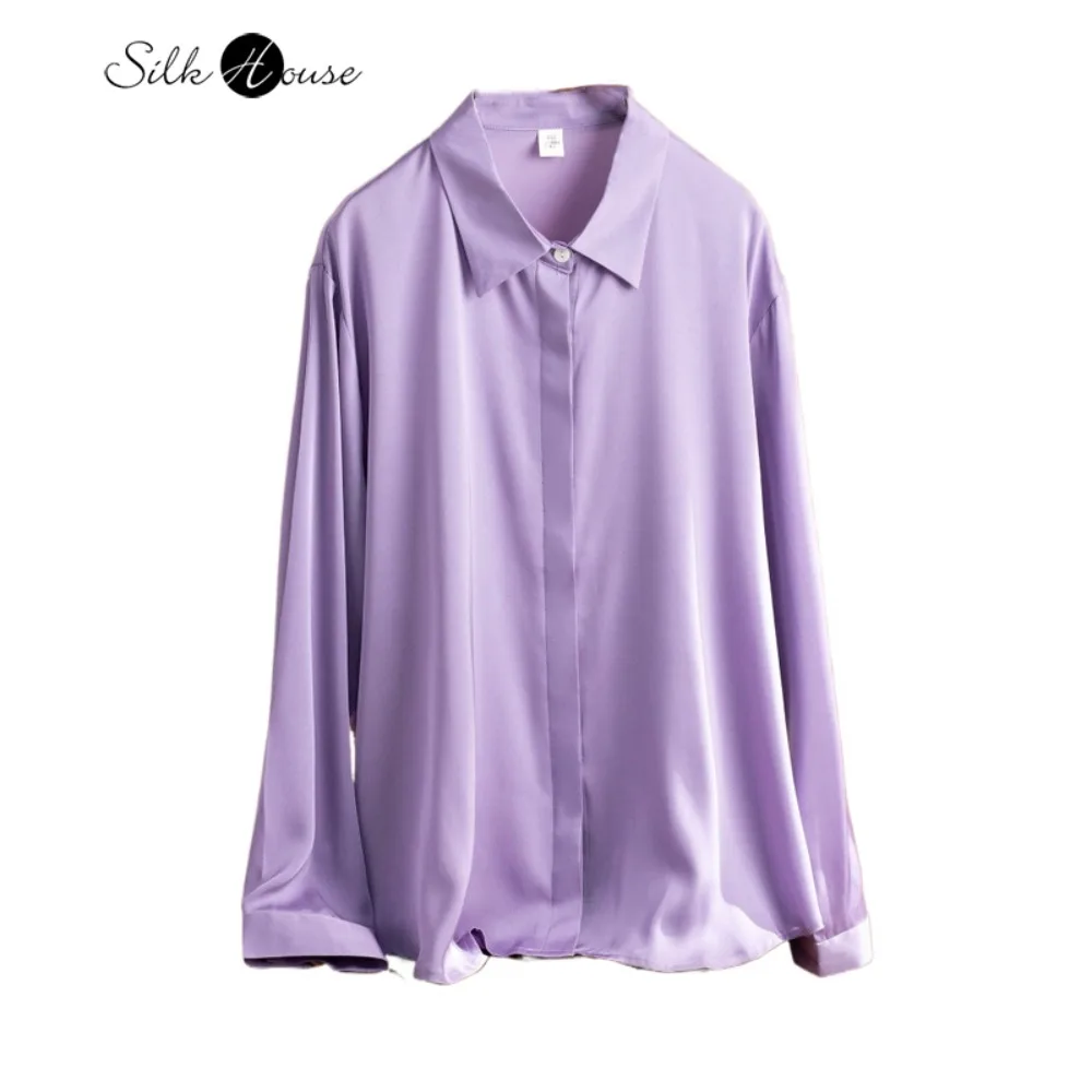 

2026 Женская ранняя весна, новая элегантная эластичная рубашка из натурального шелка шелковицы 92% двойного атласа Таро, фиолетовая универсальная свободная рубашка