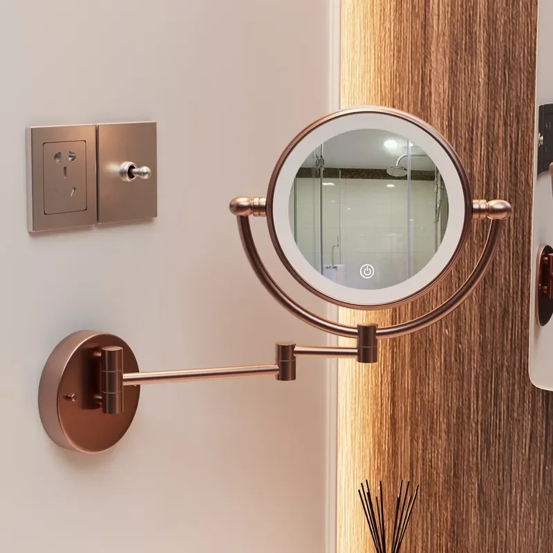 Rose gold makeup mirror wall-mounted bathroom bathroom bathroom LED lamp folding telescopic mirror hotel vanity beauty mirror