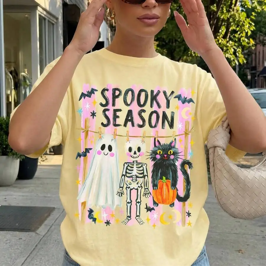 Women's Spooky Season Cute Ghost Skeleton Black Cat Graphic Print T‑Shirt Halloween Preppy Aesthetic Crew Neck Short Sleeve Fall Party Casual Tee Top