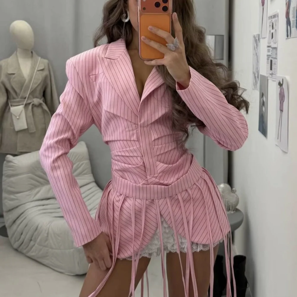 Fashion Turn Down Collar Striped Long Sleeve Suit Coat Women's Slim Temperament Suit Jacket With Detachable Tassel Waistband