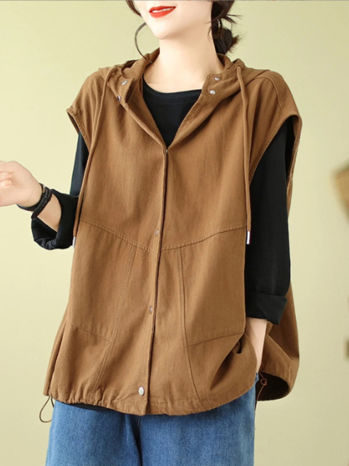 Casual Cotton Workwear Vest Women Spring Autumn Loose Fit Hooded Jacket Trendy Commute Style Drawstring Pure Color Design