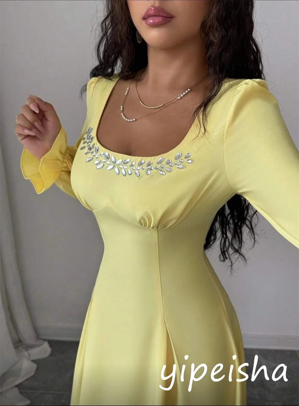 Customized Classic Exquisite Jersey Sequined Pleat A-line Square Neck Midi Dresses Bespoke Occasion Retro