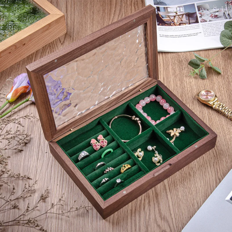 Walnut Wooden Jewelry Box Women Organizer Box with Glass Lid to Store Necklaces Watch Ring Earring Storage Case Birthday Gift