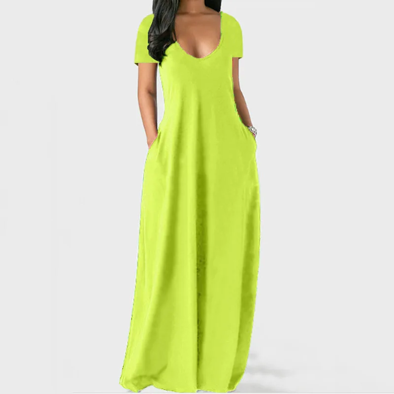 

2025 European and American Summer plus size women s solid color dress sexy deep V short sleeved long sleeved