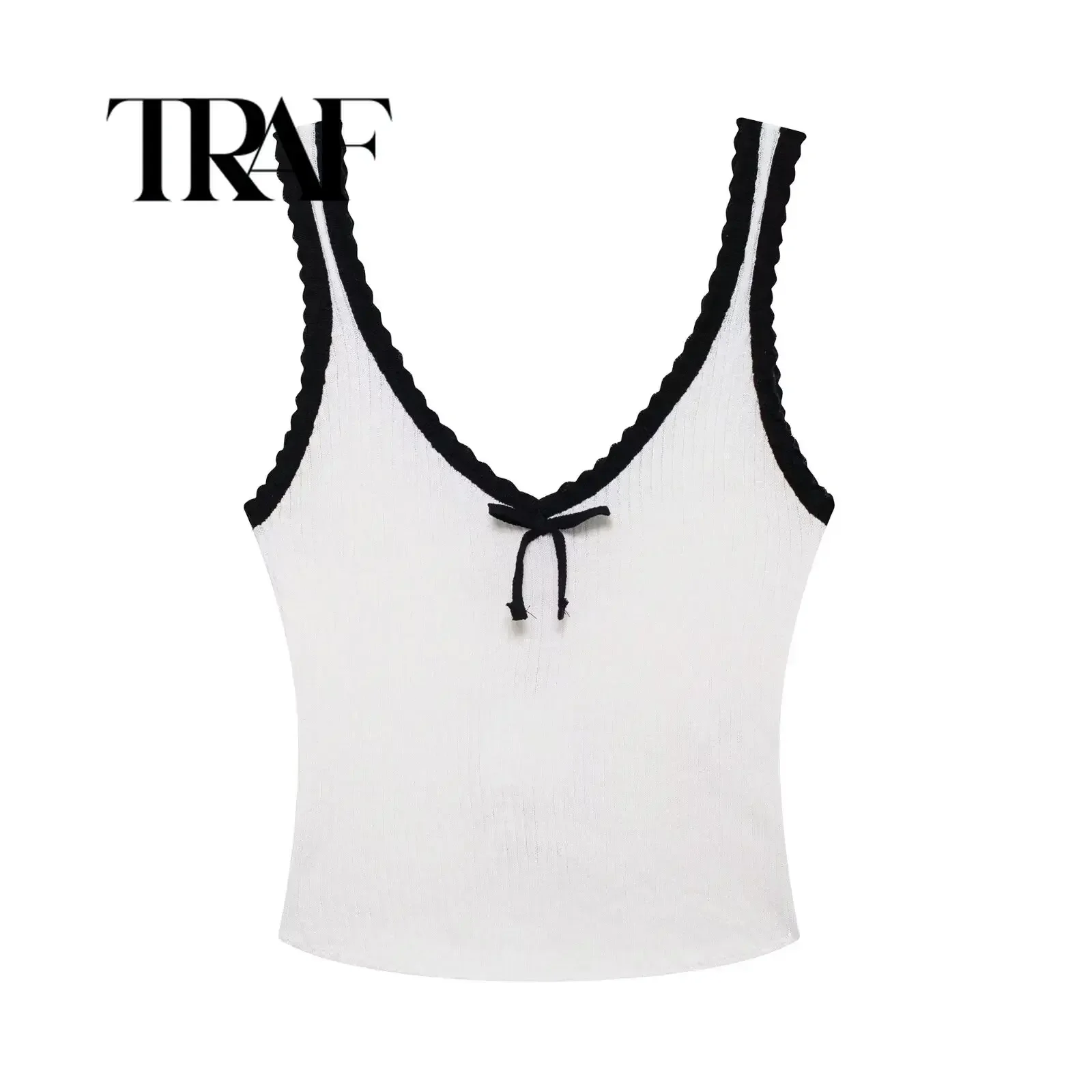 TRAF Bow V-neck Knitted Slim Crop Top Women Summer Patchwork Spaghetti Strap Sleeveless Tank Tops Casual Streetwear