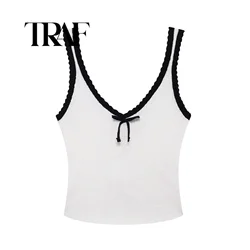 TRAF Bow Scollo a V lavorato a maglia Slim Crop Top Donna Estate Patchwork Spaghetti Strap Canotte senza maniche Casual Streetwear