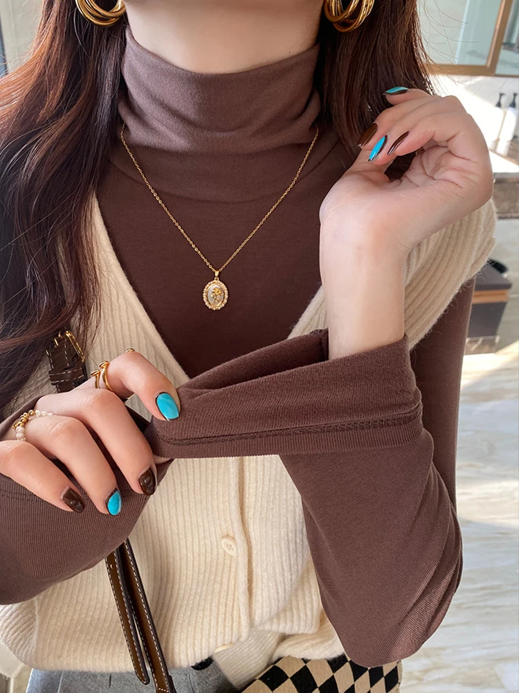 Lady Soft Thermal Turtleneck Long Sleeve Top Stretch Fitted Basic Shirt Autumn Winter Warm Mock Neck Slim Layering Blouse Casual