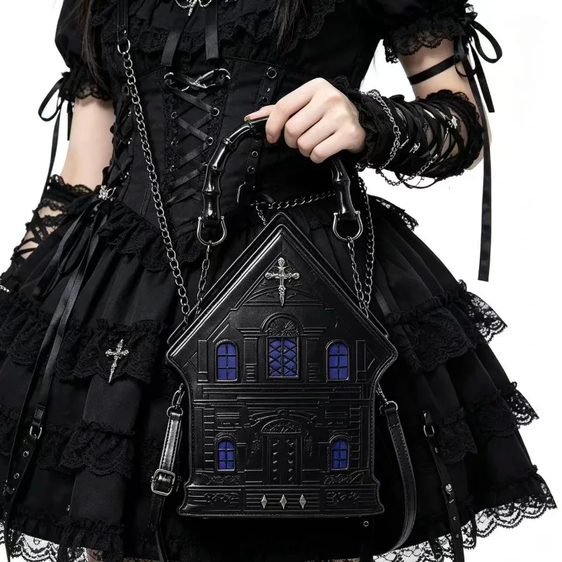 New Dark Gothic Lolita Cross Rivet House Shape Handbag, Y2K Halloween Subculture Streetwear Spicy Girl Crossbody Shoulder Bag