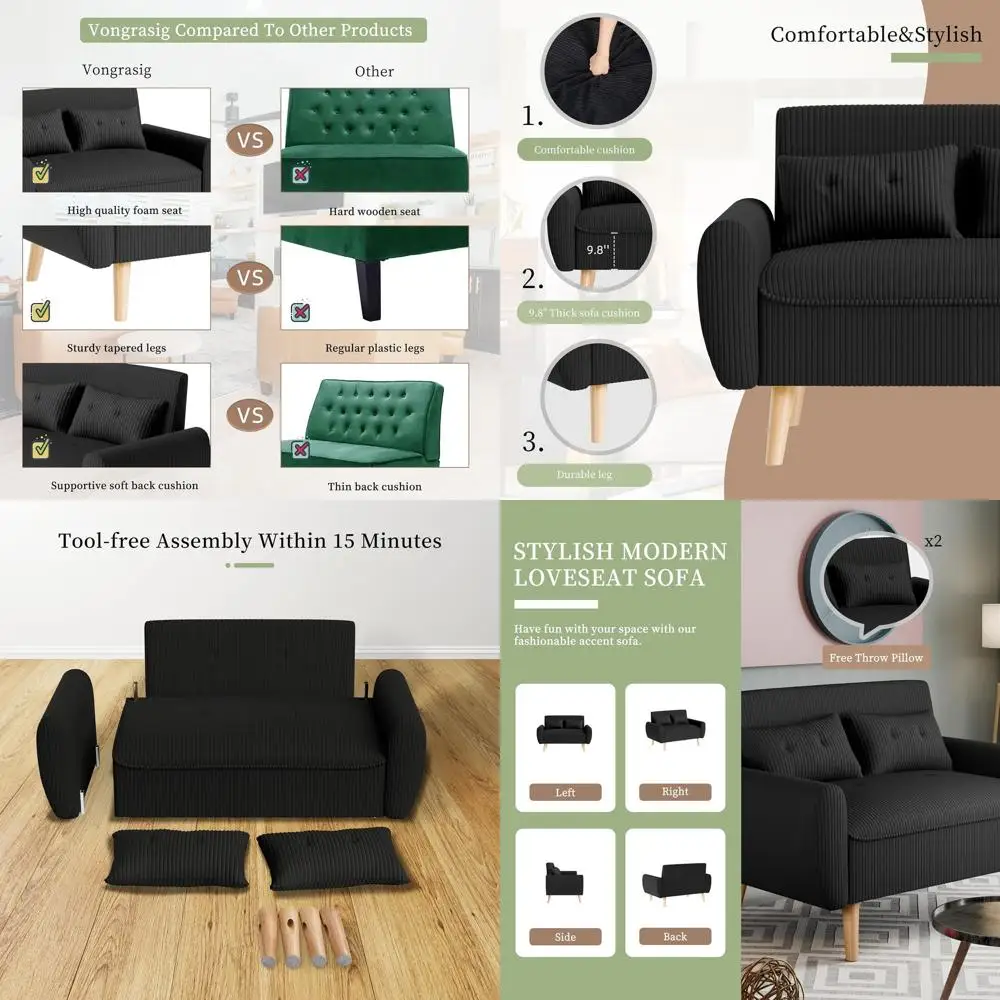 

Compact 2-Seat Loveseat Sofa with Corduroy Fabric, Back Cushions, and Tapered Legs for Living Room, Bedroom, and Small Spaces (B