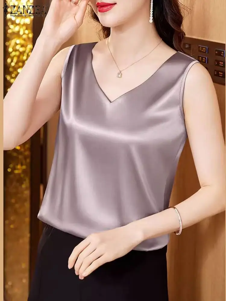 ZANZEA Korean Fashion OL Work Blouses V Neck Elegant 2024 Summer Women Shirts Matte Satin Solid Color Sleeveless Tank Tops