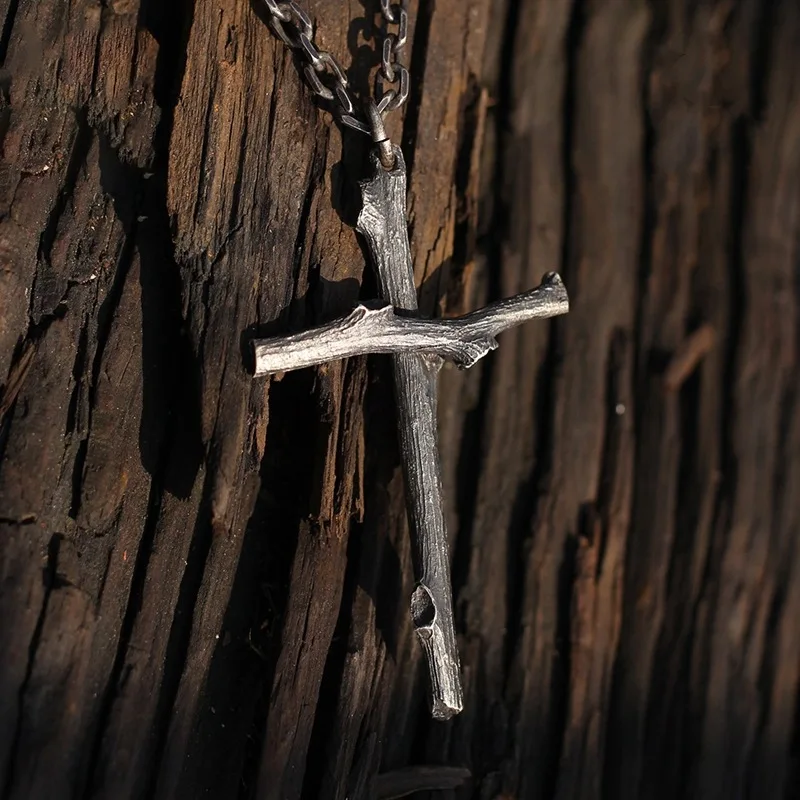 Vintage Tree Branch Men's Hip Hop Keel Chain Neclace , Antique Silver Cross, Plant Pendant Necklace, Neutral Punk Jewelry Gift