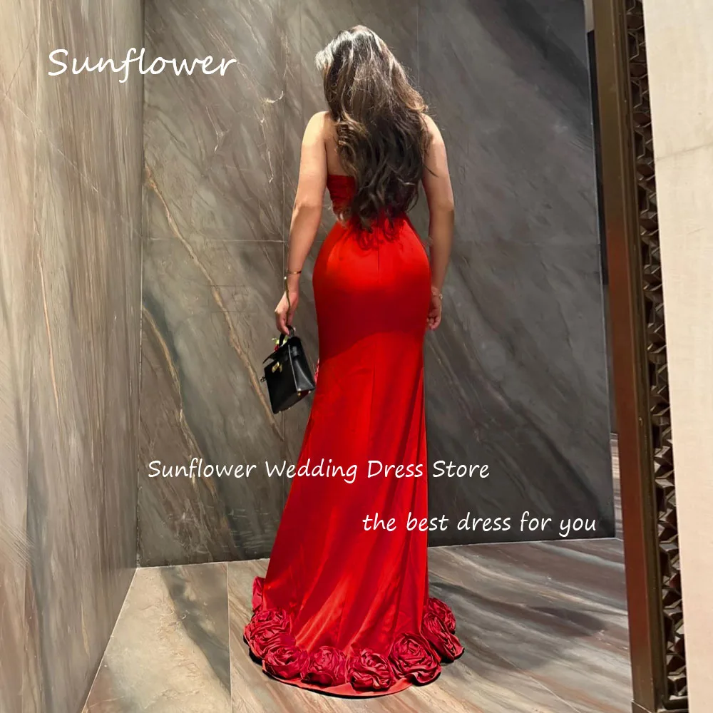 Sunflower Simple Red Strapless Mermaid Prom dress 2024 Slim Backless Side Split 3D Flowers  Floor-Length Formal Evening Dress