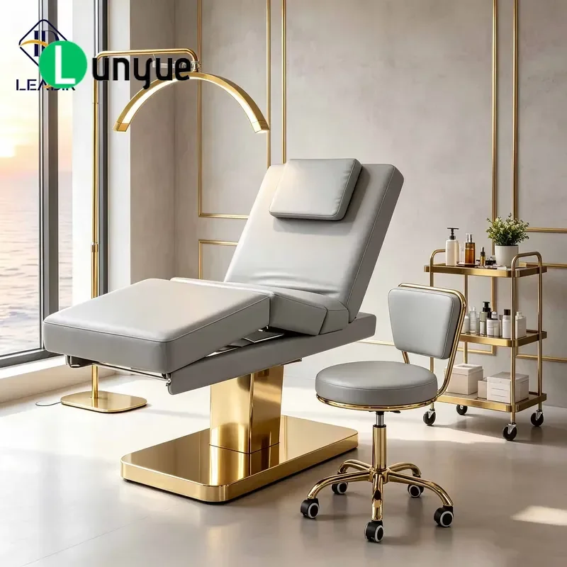 Electric Facial Care Bed Stainless Steel 3 Motors Height Adjustable Black Upholstered Stable Base For Modern Skin Care Salons