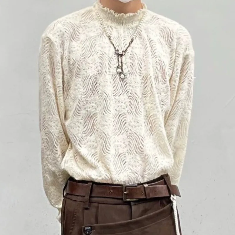 Japanese Half Collar Lace Base Pullovers New Unisex Style Knitted Long Sleeved T-shirt Men Hollowed Out Temperament Thin Sweater