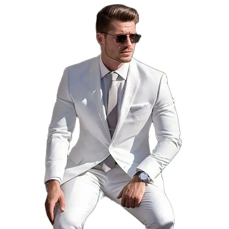 Elegant White Men Suits Slim Two Piece (Jacket+Pants) Chic Business Casual Office Clothing Fashion Wedding Groom Tuxedo