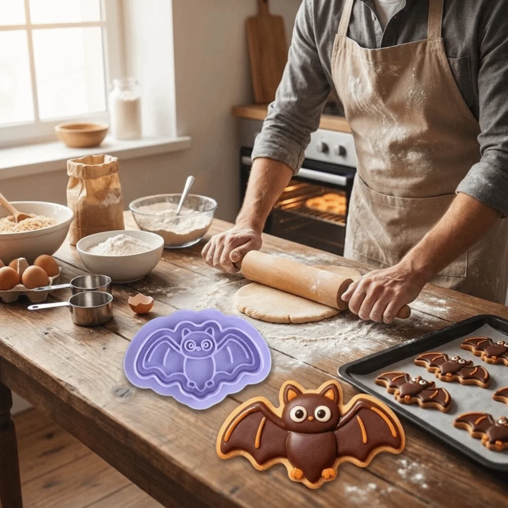 3D Cartoon Ghost Pressing Cookie Mold Mini Plastic Halloween Cookie Cutters Bat Non-Stick Pumpkin Emboss Cookie Stamp Kitchen