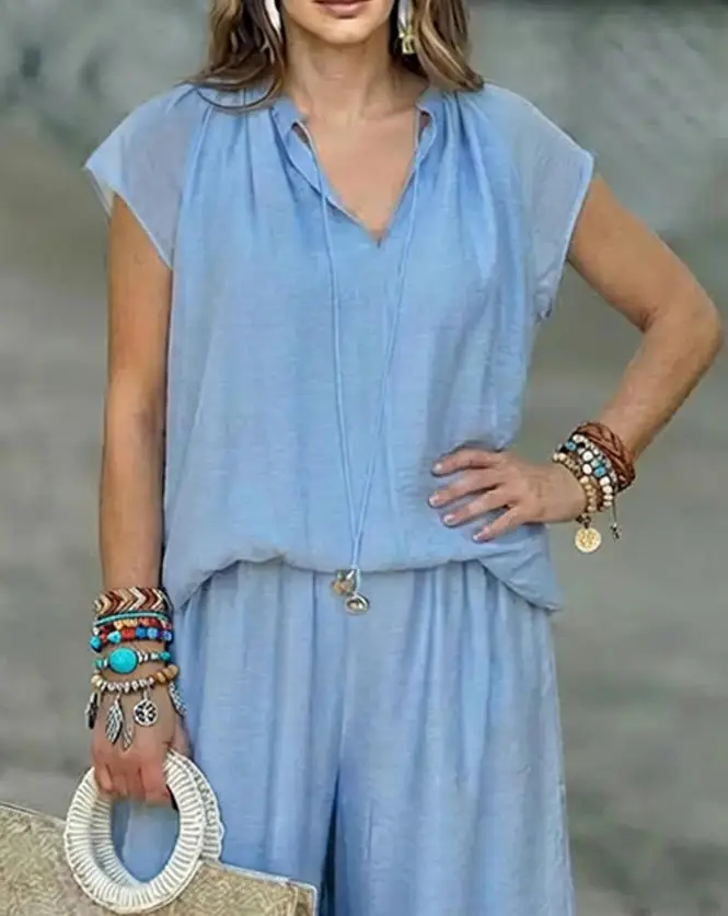 

Two Piece Set Women Outfit 2026 Spring New V-Neck Tied Detail Short Sleeve Top & Drawstring Elastic Waist Wide Leg Pants Set