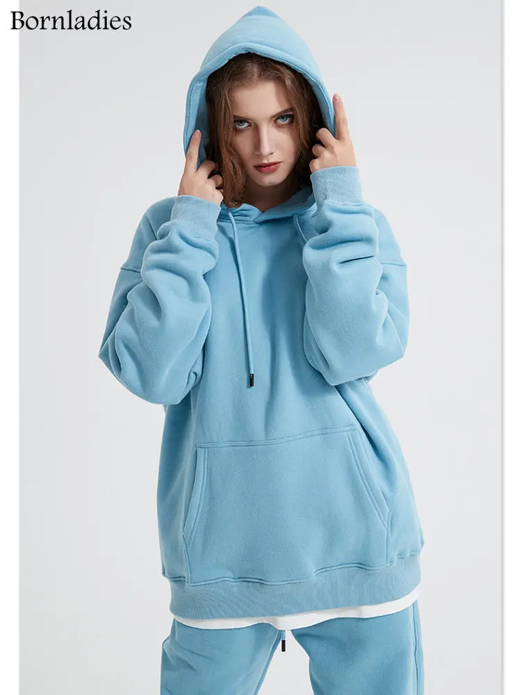 Bornladies Couple Hoodies Sets Winter Thicken Fleece Women Cotton Sweatshirt Oversized Hoodies Female Warm Pullovers Jacket New