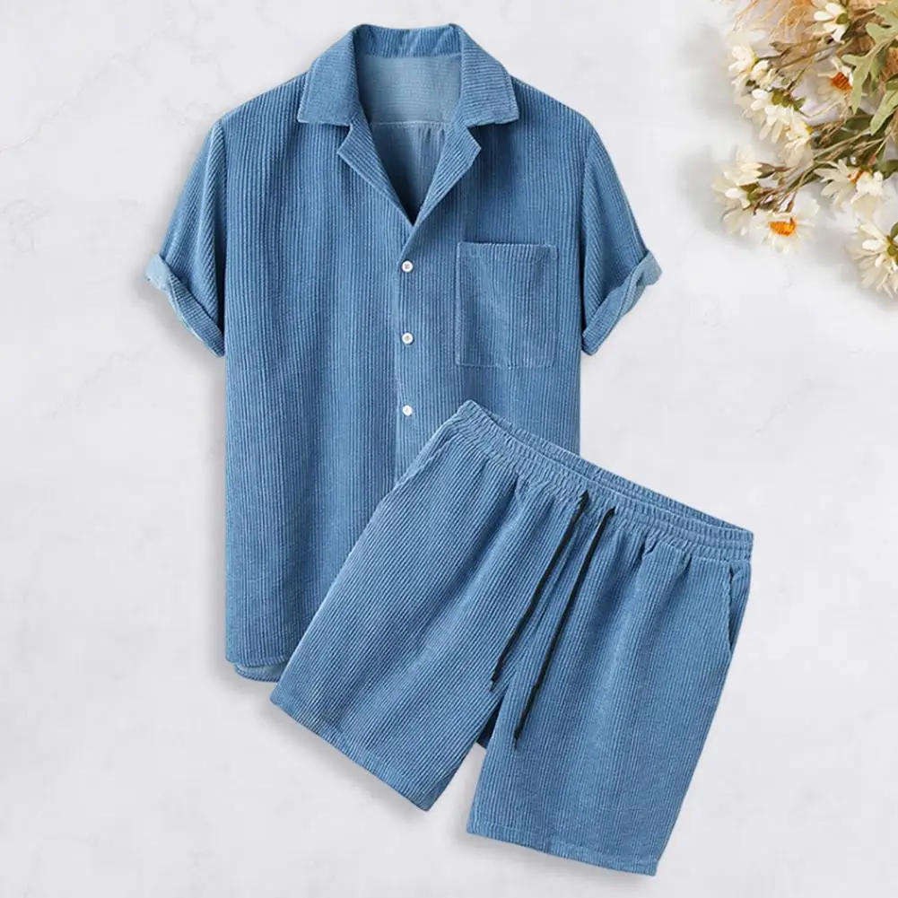 Men Summer Outfit Lapel Short Sleeve Shirts Elastic Drawstring Waist Wide Leg Shorts Set Solid Color Casual Outfit with Pockets