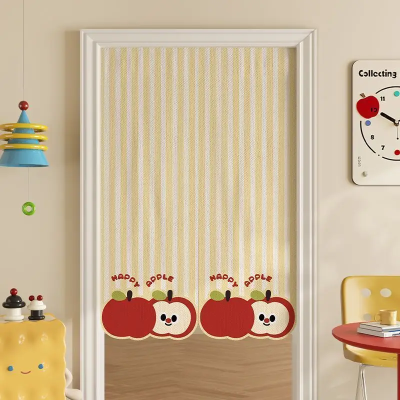 Fresh Striped Apple Door Curtain, Smiling Red Apple Happy Apple Pattern, Home Use, No Punching, Room Cover, Decorative Curtain