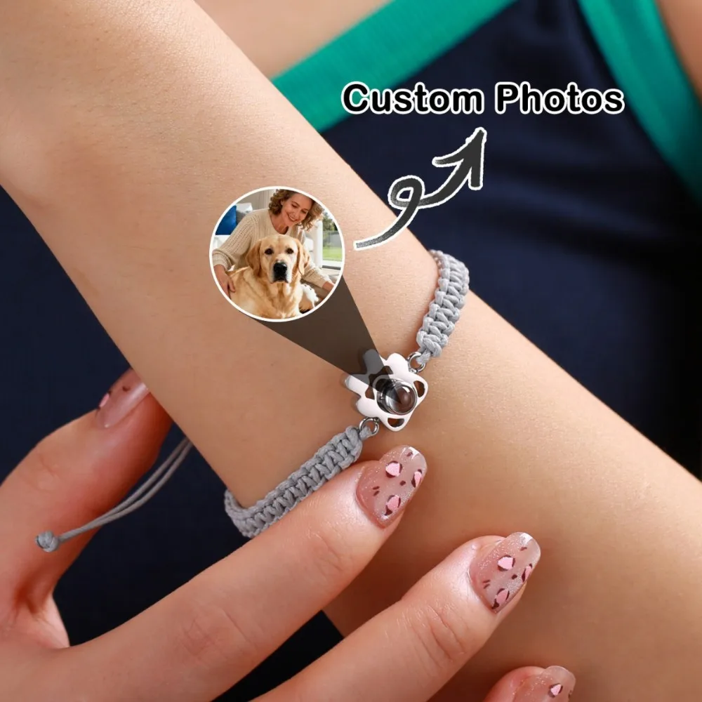 Custom Photo Projection Paw Print Bracelet Personalized Picture Animal Dog Charm Adjustable Bracelet Memorial Gift Pet Lovers