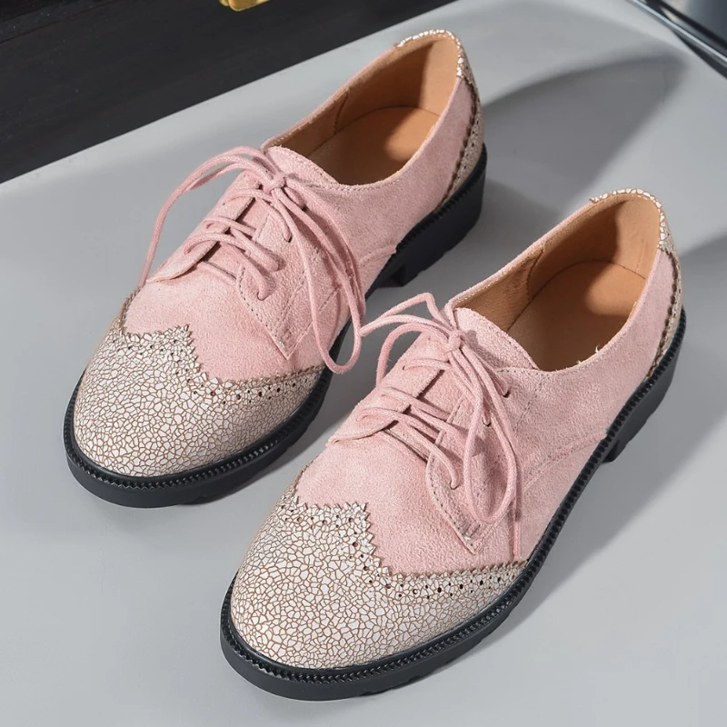 

High Quality Pink Low Heels Shoes Women Round Toe Leather Patchwork Lace-up Designer Loafers Comfortable Oxford Ladies Shoes