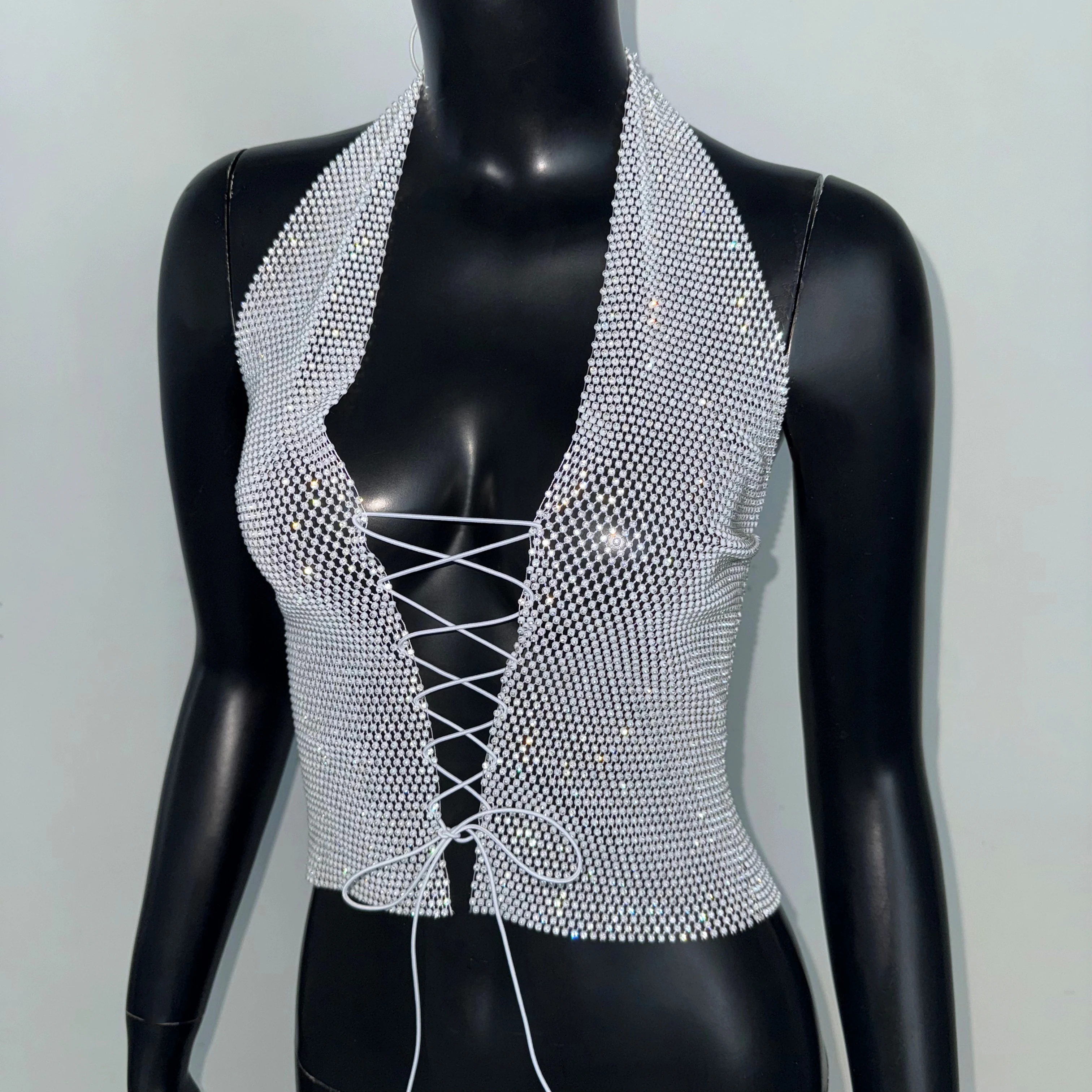 See Through Mesh Tank Top  Shiny Rhinestone Hollow Out Bandage Camisole Sexy V Neck Backless Nightclub Crop Top Women Party Top