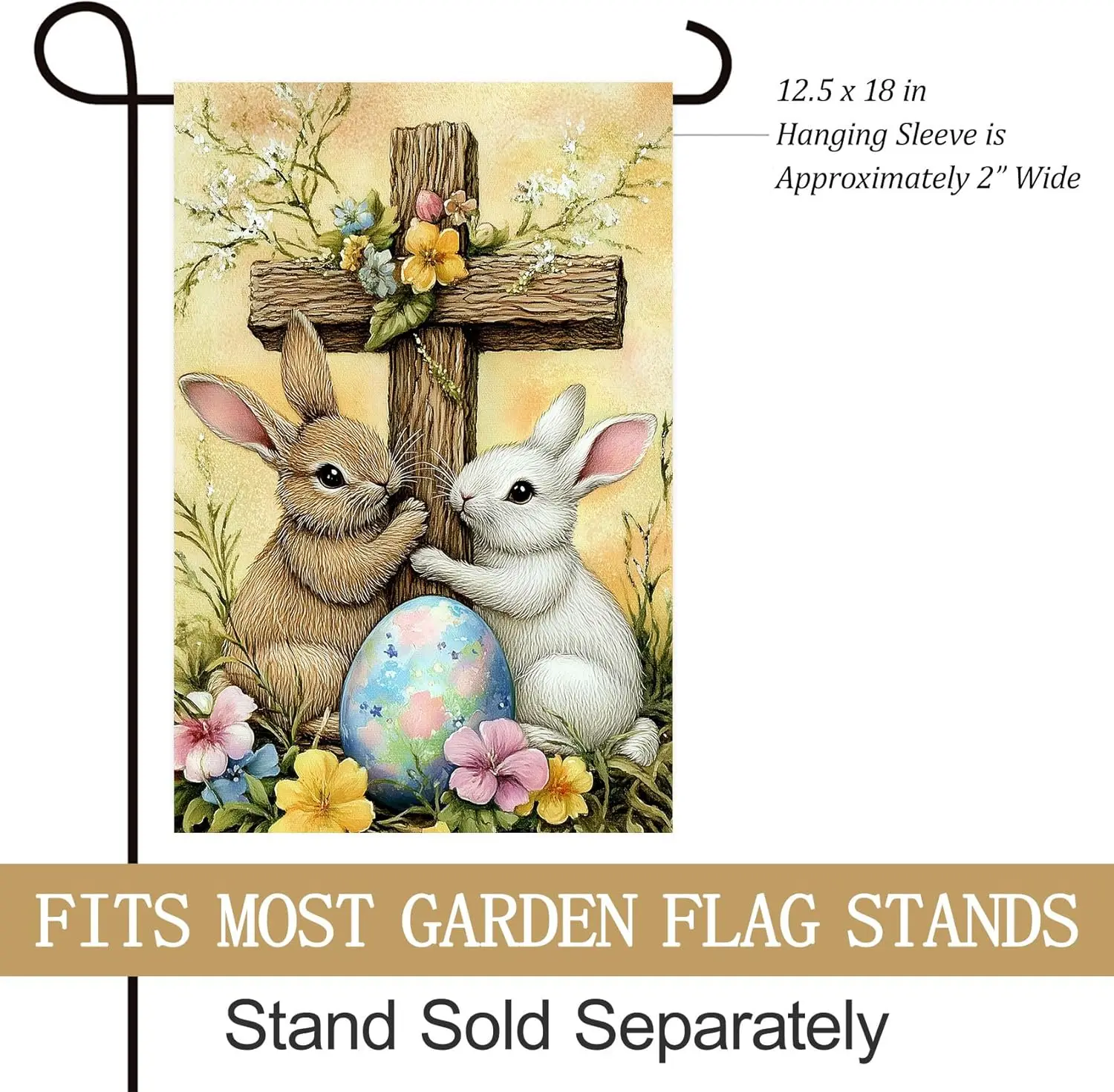 Texupday Happy Easter Religious Cross Bunny Rabbit Easter Eggs Floral Decoration Vertical Spring Holiday Garden Flag Rustic  SSL