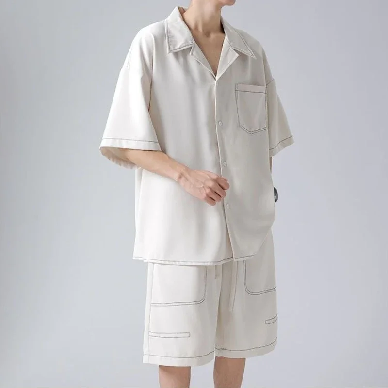 

Ice Silk Shirts Shorts Suits for Men Korean Two Piece Set Original Brands Fashion 2025 Chic Trendy New in Tops & Tees Man Sets