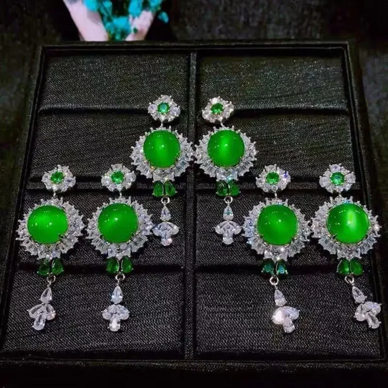 925 silver needle inlaid chalcedony fashion earrings yang green agate simple jade earrings ear hooks