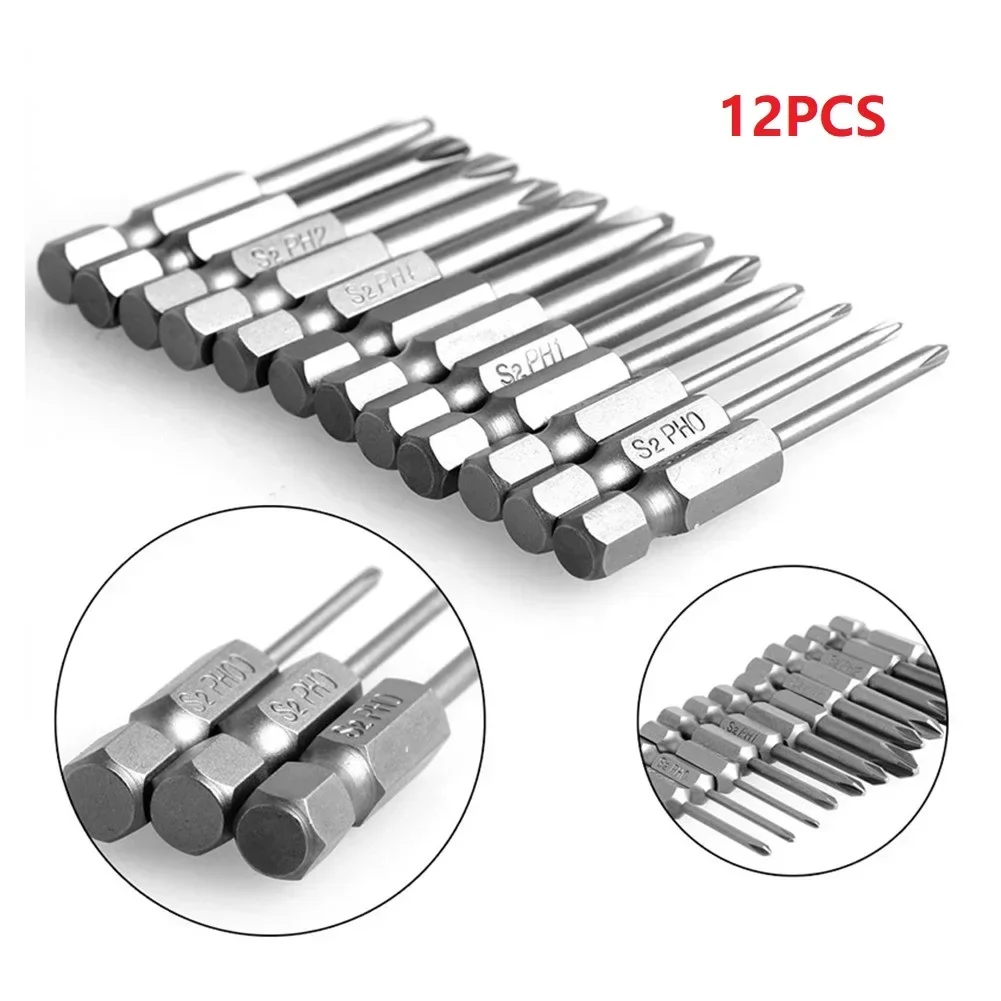 12Pcs 50mm 1/4 Inch Hex Shank Magnetic Alloy Steel PH Cross Screwdriver Bits Set For Small Appliances And Precision Apparatus